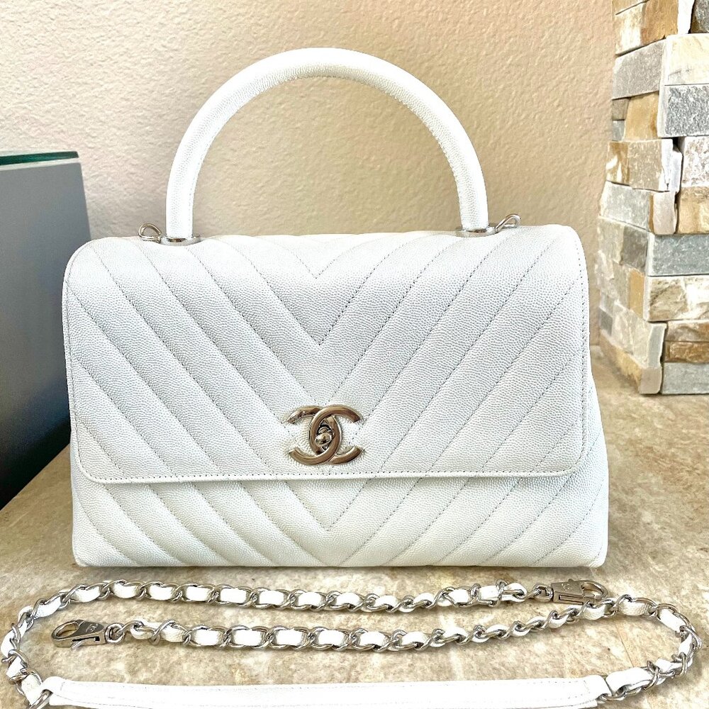 CHANEL COCO HANDLE FLAP WHITE CHEVRON CAVIAR LEATHER SILVER HARDWARE